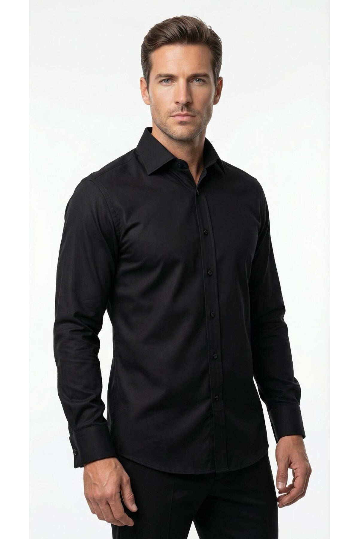 Erkek Beyaz Klasik Gömlek – Slim Fit, Düz Model, Şık Ofis & Günlük Kombin - Siyah
