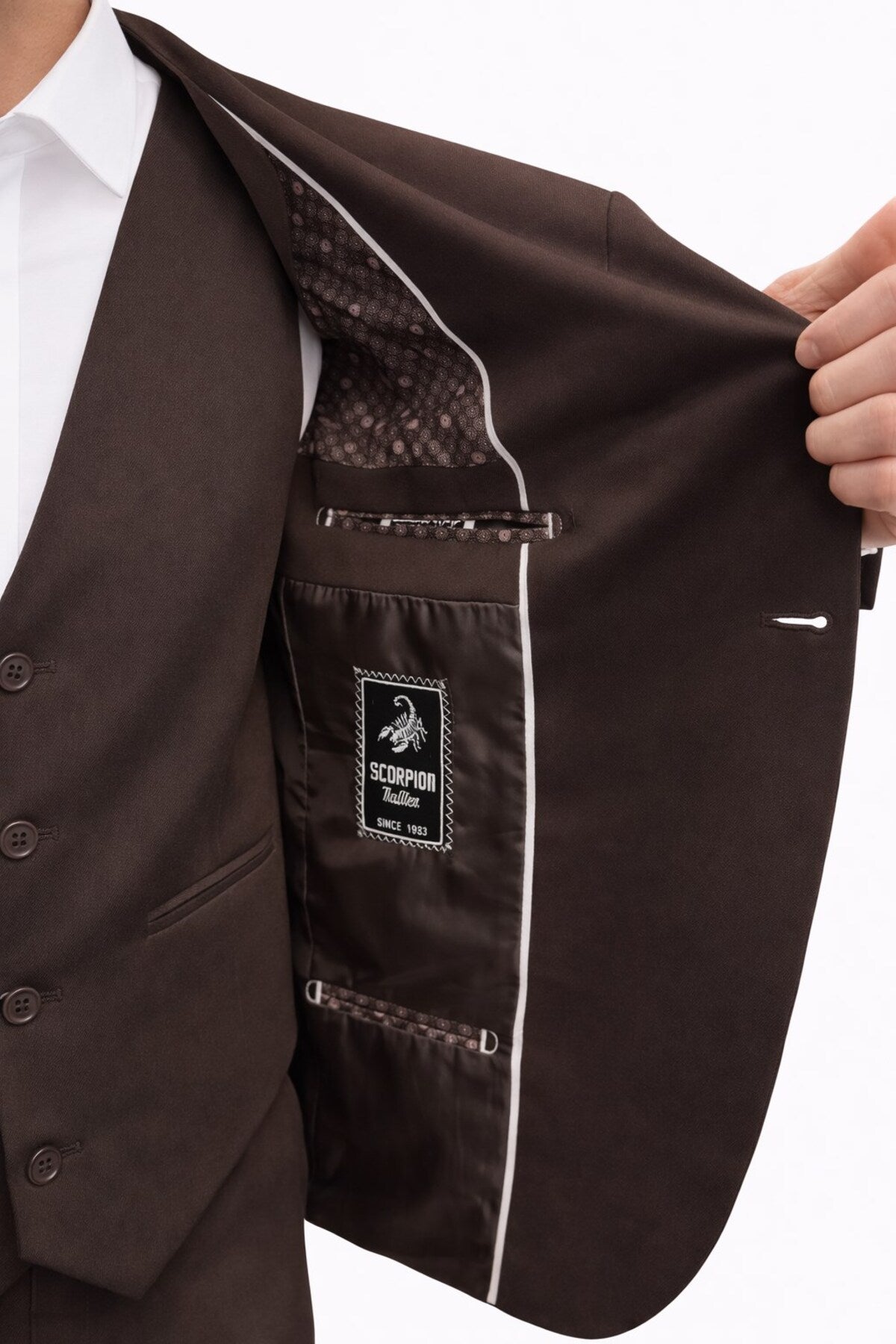 Erkek 3 Parça Slim Fit Takım Elbise –Klasik Likralı Kumaş, Tek Düğme, Çift Yırtmaçlı Modern Kesim ( - Kahverengi