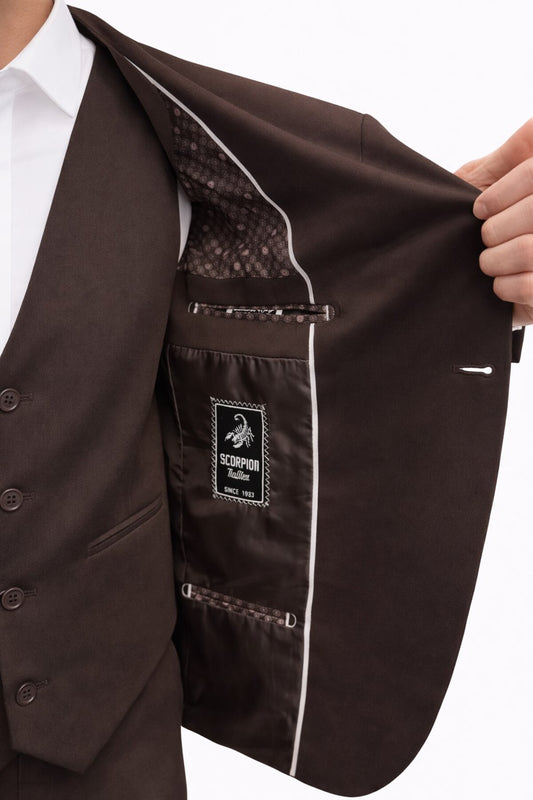 Erkek 3 Parça Slim Fit Takım Elbise –Klasik Likralı Kumaş, Tek Düğme, Çift Yırtmaçlı Modern Kesim ( - Kahverengi
