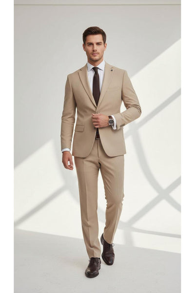 Erkek Slim Fit Mikro Desenli Takım Elbise 2 Düğmeli Çift Yırtmaçlı Modern Ceket Pantolon Takım - Bej