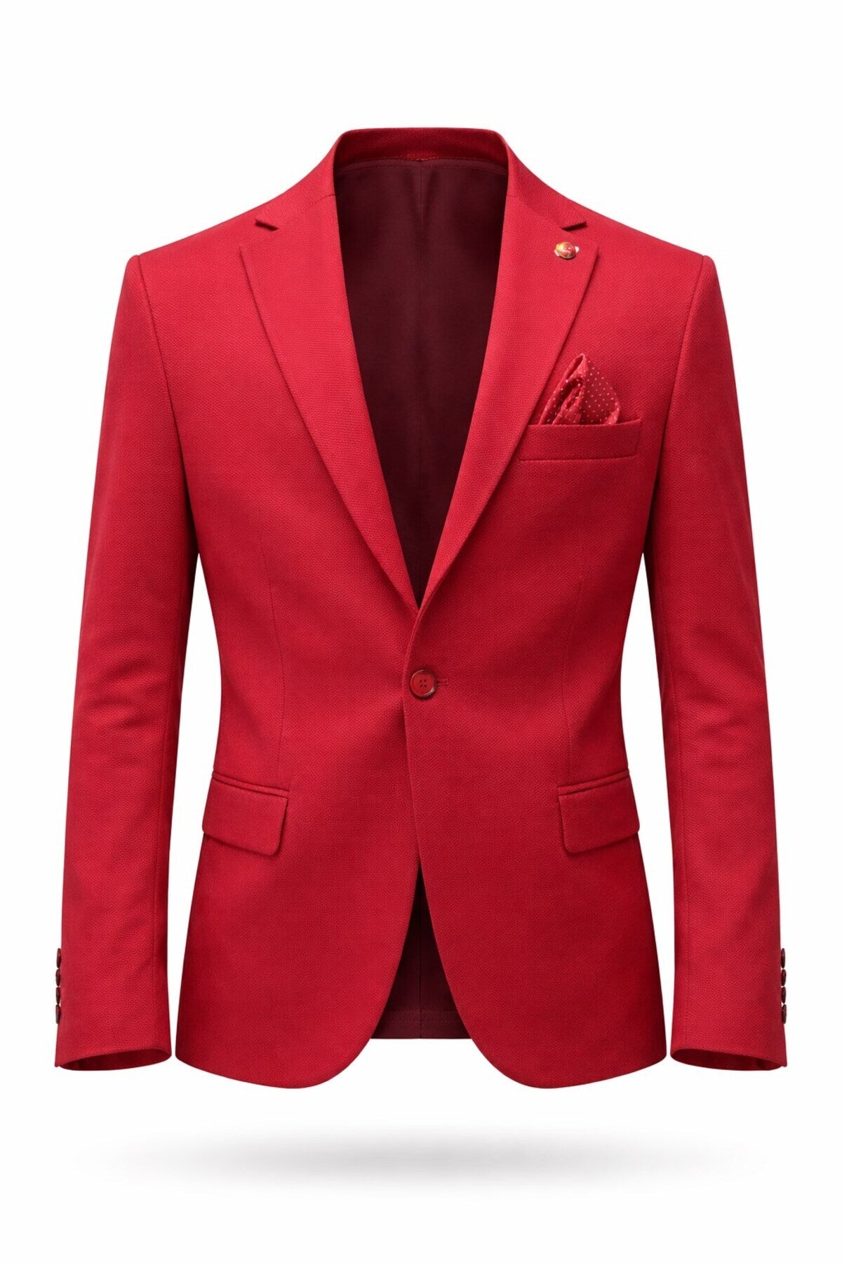 Erkek Kırmızı Armürlü Kumaş Blazer Ceket – Tek Düğmeli, Mono Yaka, Çift Yırtmaçlı Slim Fit - Kırmızı