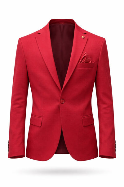 Erkek Kırmızı Armürlü Kumaş Blazer Ceket – Tek Düğmeli, Mono Yaka, Çift Yırtmaçlı Slim Fit - Kırmızı