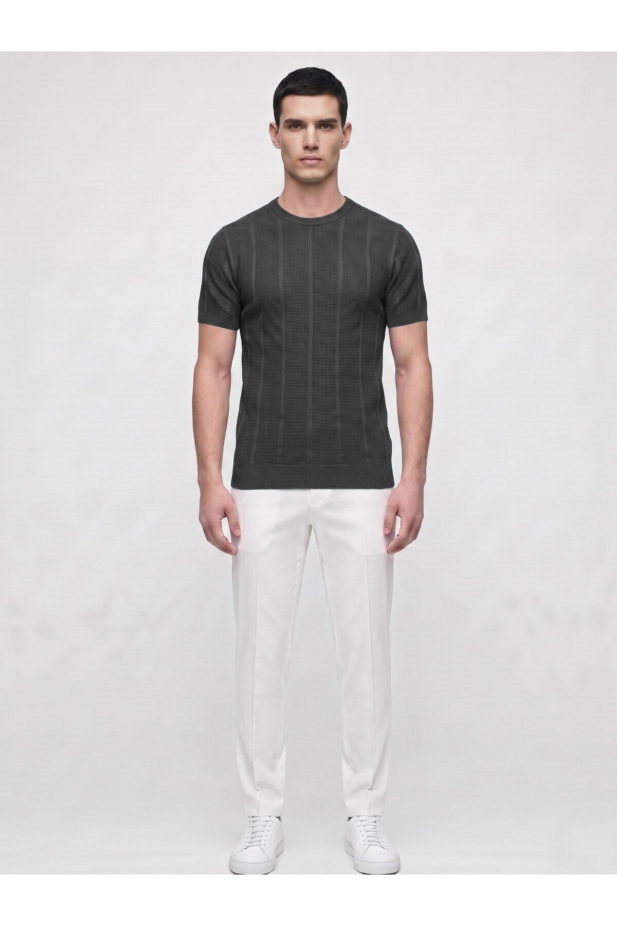 Erkek Bisiklet Yaka Kısa Kollu Triko Tişört – Dokulu Örgü Modern Kesim Yazlık T-Shirt - Siyah