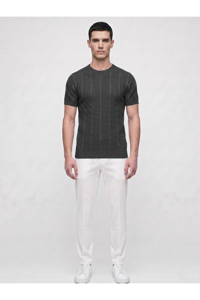 Erkek Bisiklet Yaka Kısa Kollu Triko Tişört – Dokulu Örgü Modern Kesim Yazlık T-Shirt - Siyah