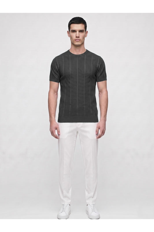 Erkek Bisiklet Yaka Kısa Kollu Triko Tişört – Dokulu Örgü Modern Kesim Yazlık T-Shirt - Siyah