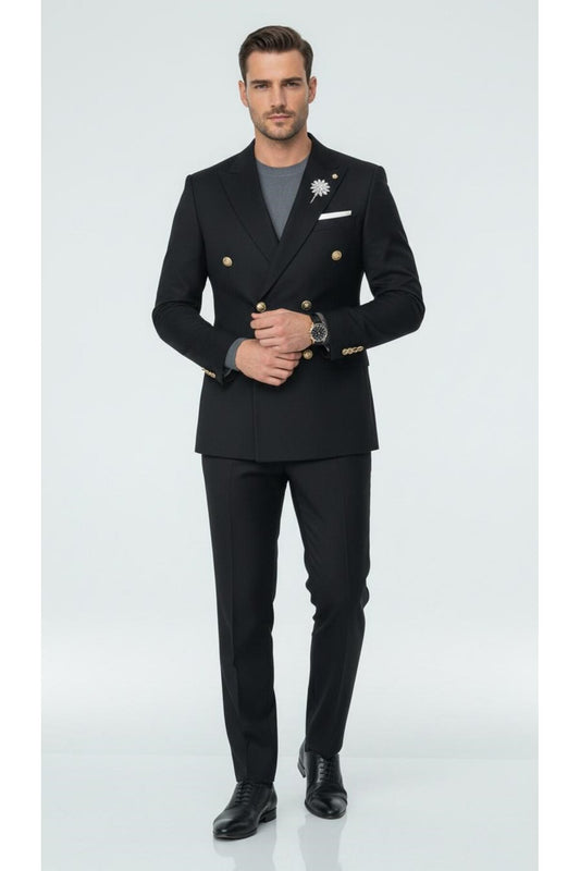 Erkek Kruvaze Gold Düğmeli Dokulu Likralı Kumaş Blazer Ceket – Modern Kesim Şık Tasarım - Siyah