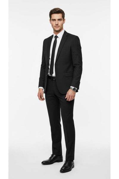 Erkek Slim Fit Mikro Desenli Takım Elbise 2 Düğmeli Çift Yırtmaçlı Modern Ceket Pantolon Takım - Siyah