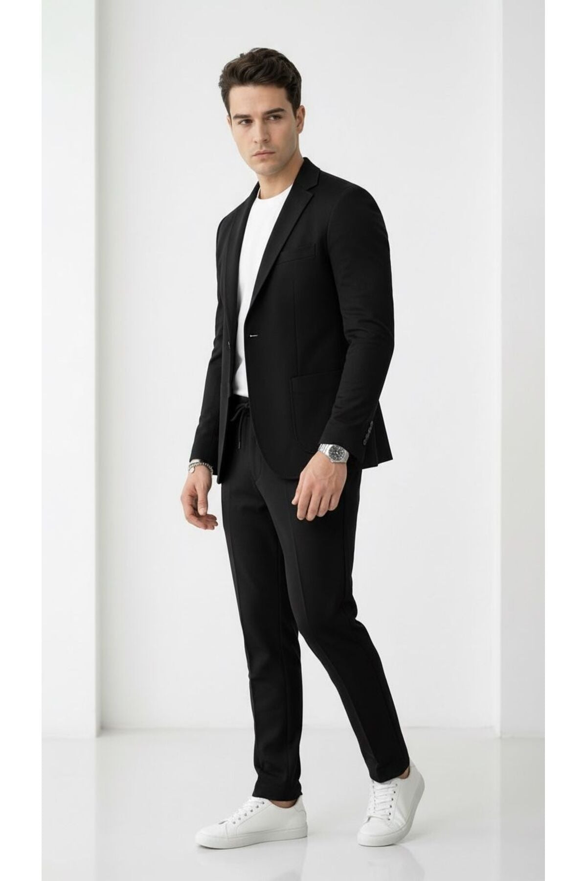 Pike Kumaş Jogger Pantolonlu Erkek Takım Elbise – Torba Cepli Tek Düğme Slim Fit Kombin - Siyah
