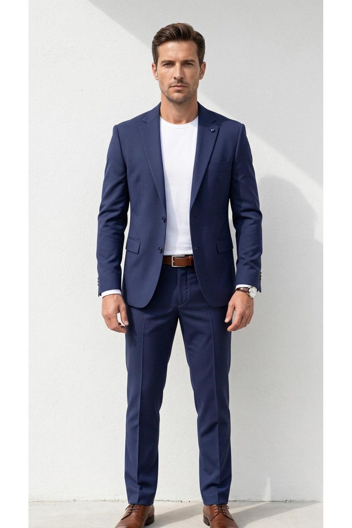 Erkek Klasik 2’li Takım Elbise 2 Düğmeli Slim Fit Esnek Kumaş Çift Yırtmaçlı 7 Drop - Lacivert