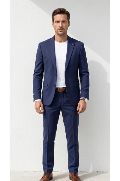 Erkek Klasik 2’li Takım Elbise 2 Düğmeli Slim Fit Esnek Kumaş Çift Yırtmaçlı 7 Drop - Lacivert