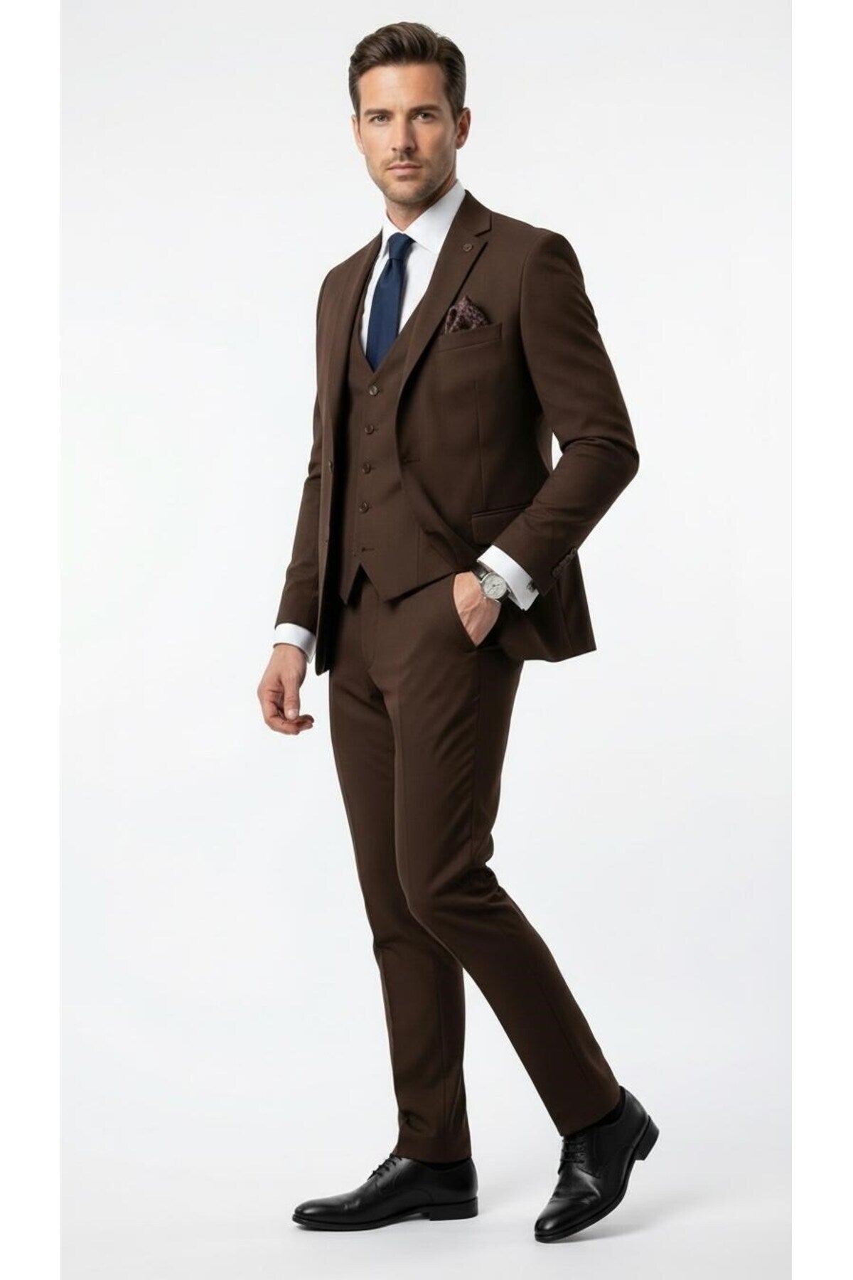 Erkek 3 Parça Slim Fit Takım Elbise –Klasik Likralı Kumaş, Tek Düğme, Çift Yırtmaçlı Modern Kesim ( - Kahverengi