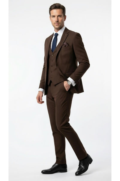 Erkek 3 Parça Slim Fit Takım Elbise –Klasik Likralı Kumaş, Tek Düğme, Çift Yırtmaçlı Modern Kesim ( - Kahverengi