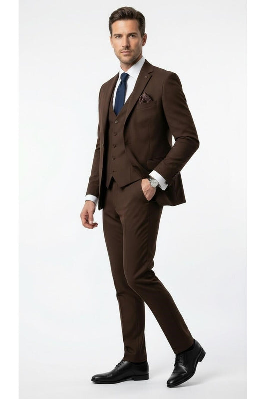 Erkek 3 Parça Slim Fit Takım Elbise –Klasik Likralı Kumaş, Tek Düğme, Çift Yırtmaçlı Modern Kesim ( - Kahverengi