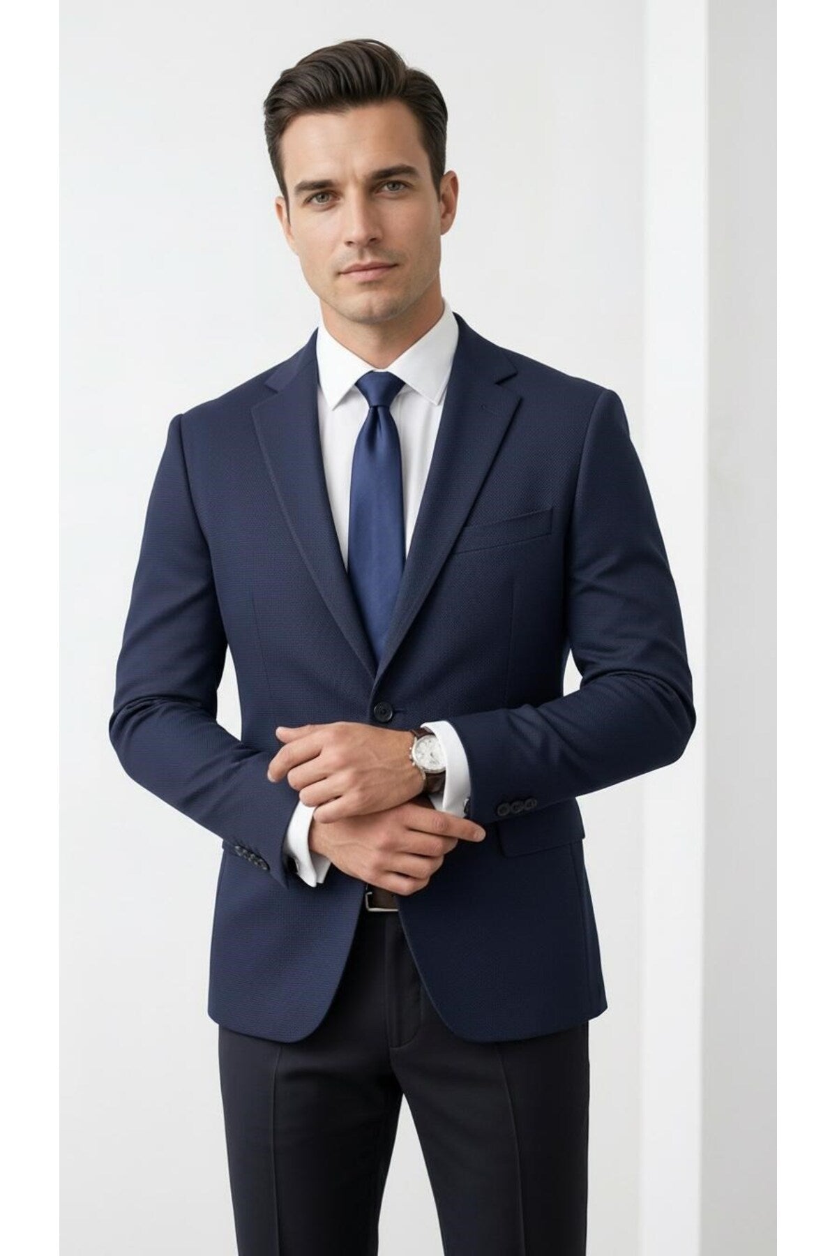 Slim Fit Mikro Desenli Erkek Ceket Yazlık Pike Kumaş Çift Yırtmaç Blazer - Lacivert