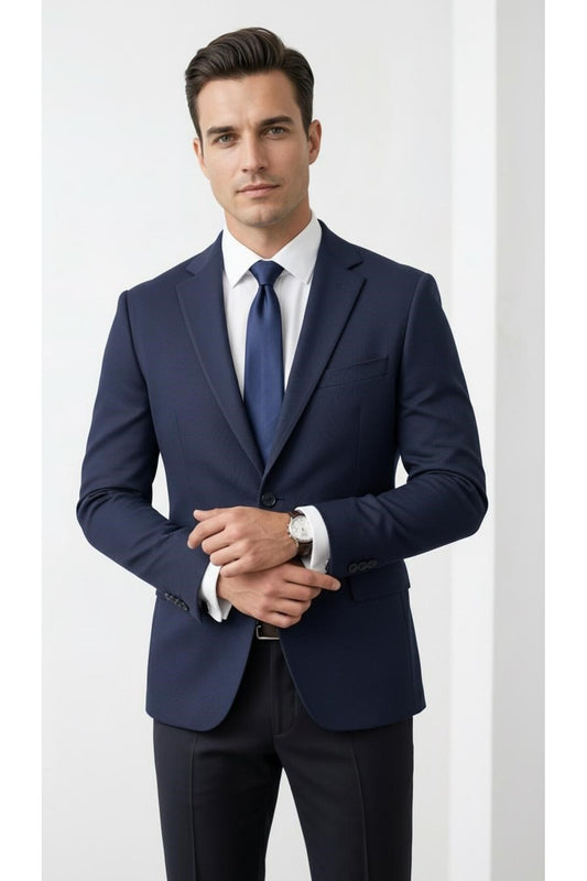 Slim Fit Mikro Desenli Erkek Ceket Yazlık Pike Kumaş Çift Yırtmaç Blazer - Lacivert