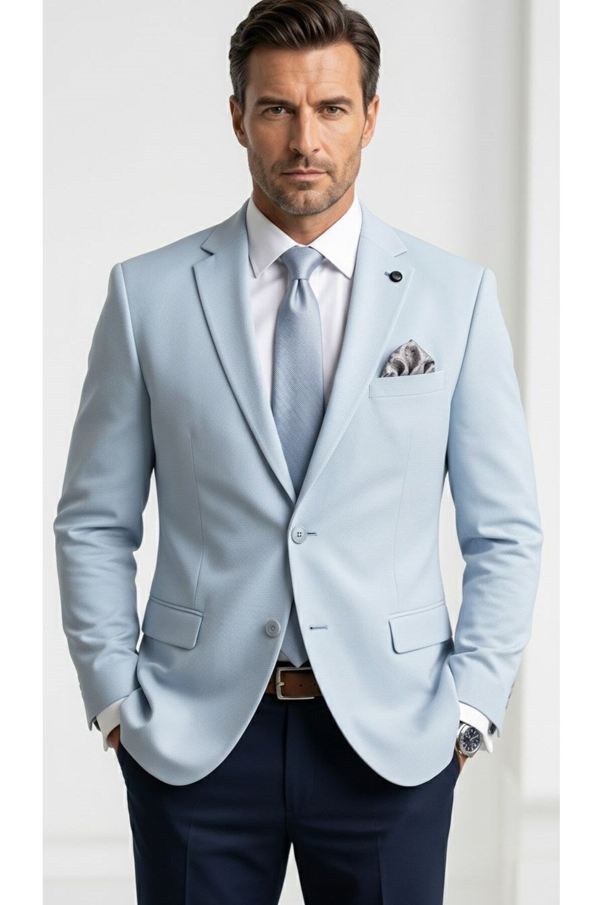 Erkek Slim Fit Çift Düğme Çift Yırtmaçlı Blazer Ceket – Premium Dokulu Kumaş - Mavi