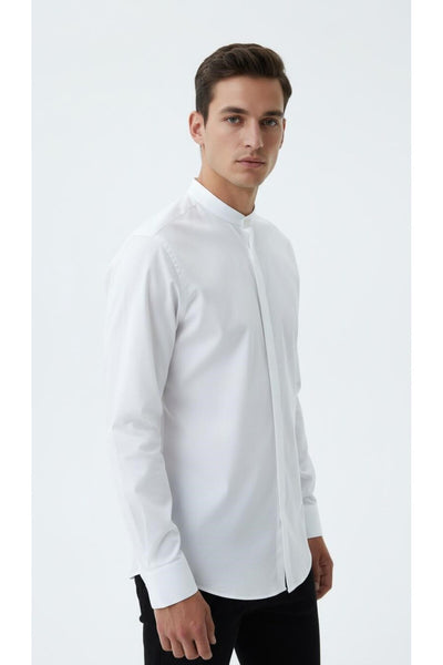 Erkek Hakim Yaka Slim Fit Gömlek – Şık, Modern, Uzun Kollu, Düz Model - Beyaz