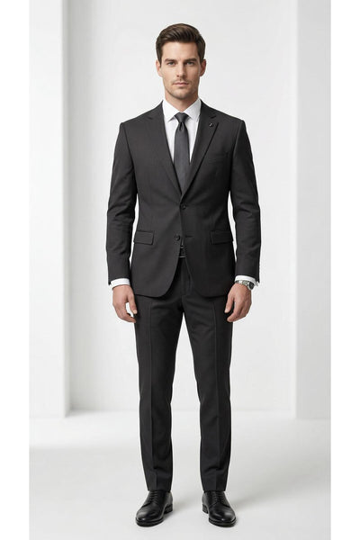Erkek Slim Fit Mikro Desenli Takım Elbise 2 Düğmeli Çift Yırtmaçlı Modern Ceket Pantolon Takım - Siyah