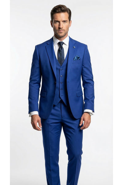Erkek 3 Parça Slim Fit Takım Elbise –Klasik Likralı Kumaş, Tek Düğme, Çift Yırtmaçlı Modern Kesim ( - Mavi