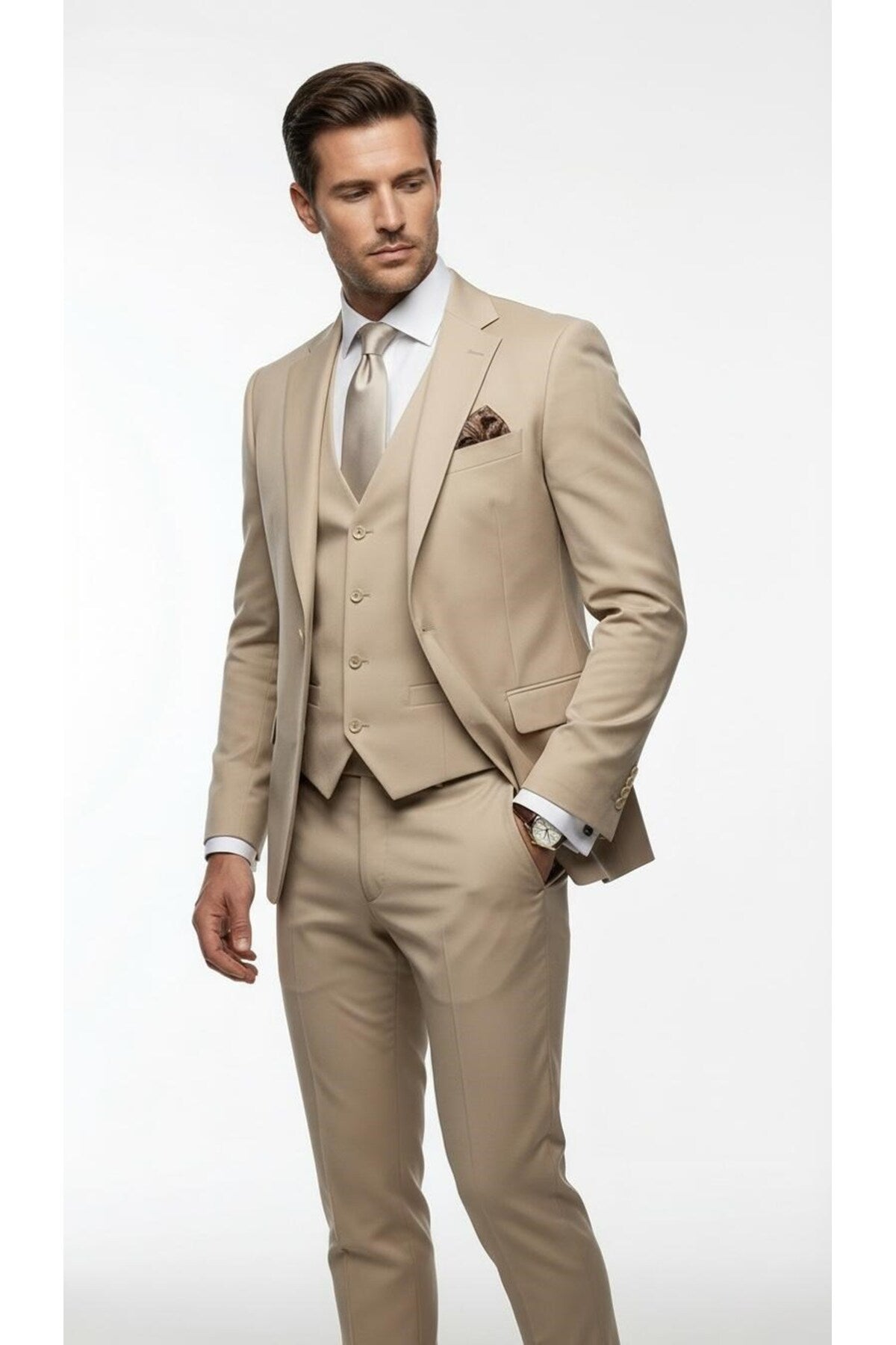 Erkek 3 Parça Slim Fit Takım Elbise –Klasik Likralı Kumaş, Tek Düğme, Çift Yırtmaçlı Modern Kesim ( - Bej