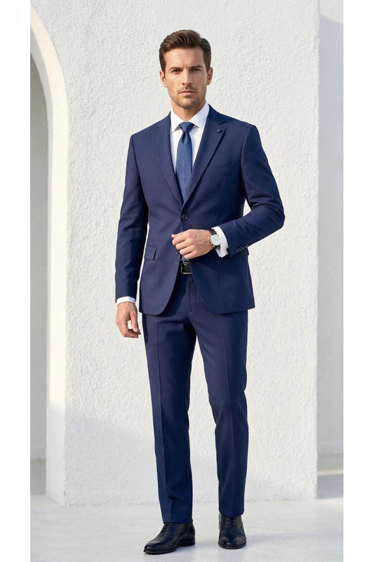 Erkek Klasik 2’li Takım Elbise 2 Düğmeli Slim Fit Esnek Kumaş Çift Yırtmaçlı 7 Drop - Lacivert