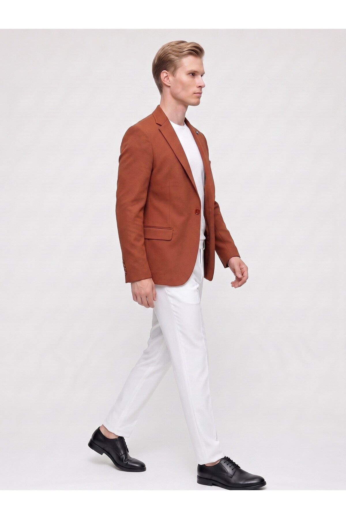 Kiremit Erkek Slim Fit Blazer Ceket – Şık, Modern, Günlük ve Ofis Kombinlerine Uygun Tek Düğmeli Erk - Turuncu
