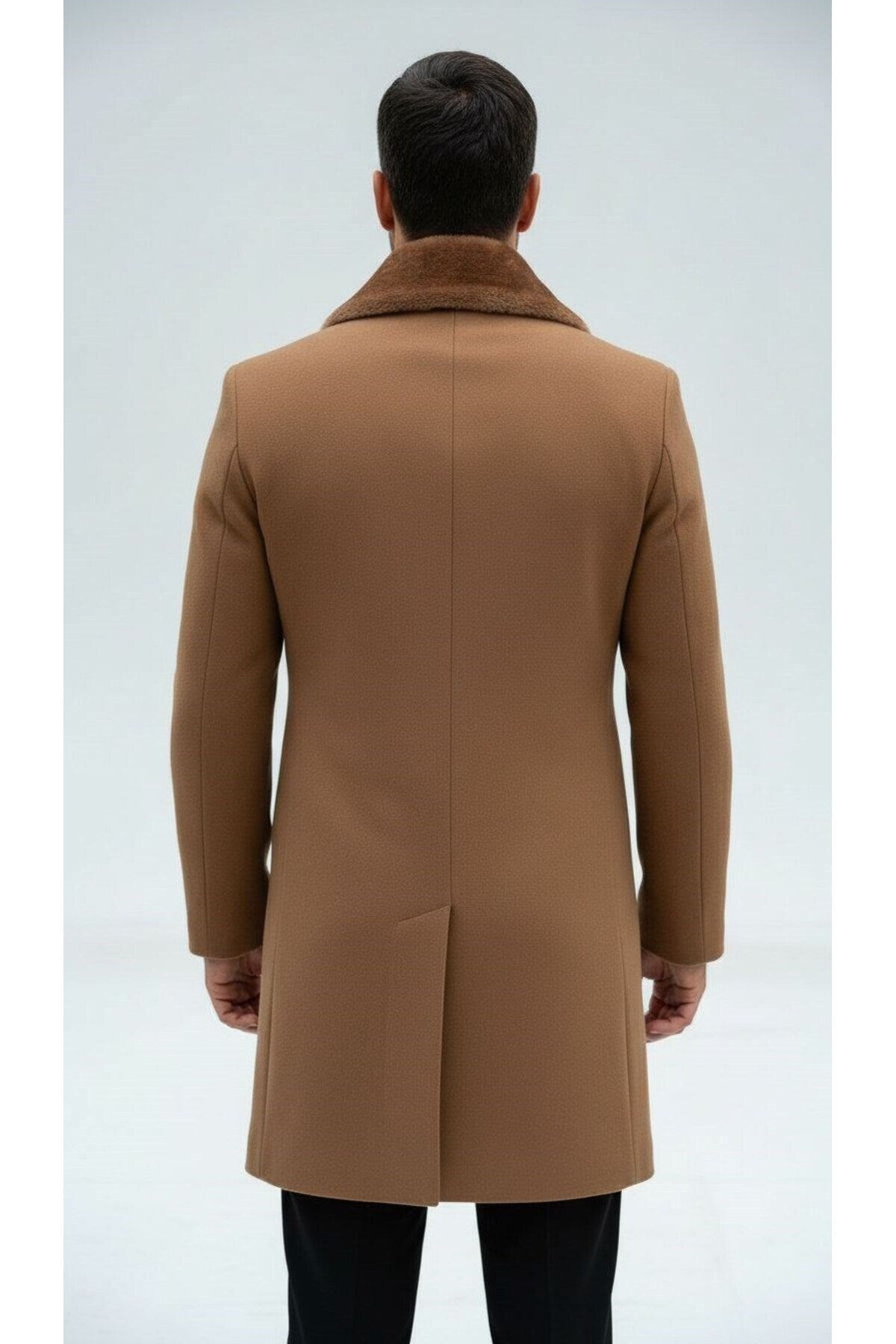 Erkek Uzun Kaşe Kaban – Çıkartılabilir Kürk Yaka, Astarlı ve Cepli Slim Fit Mont (Bej, - Beyaz