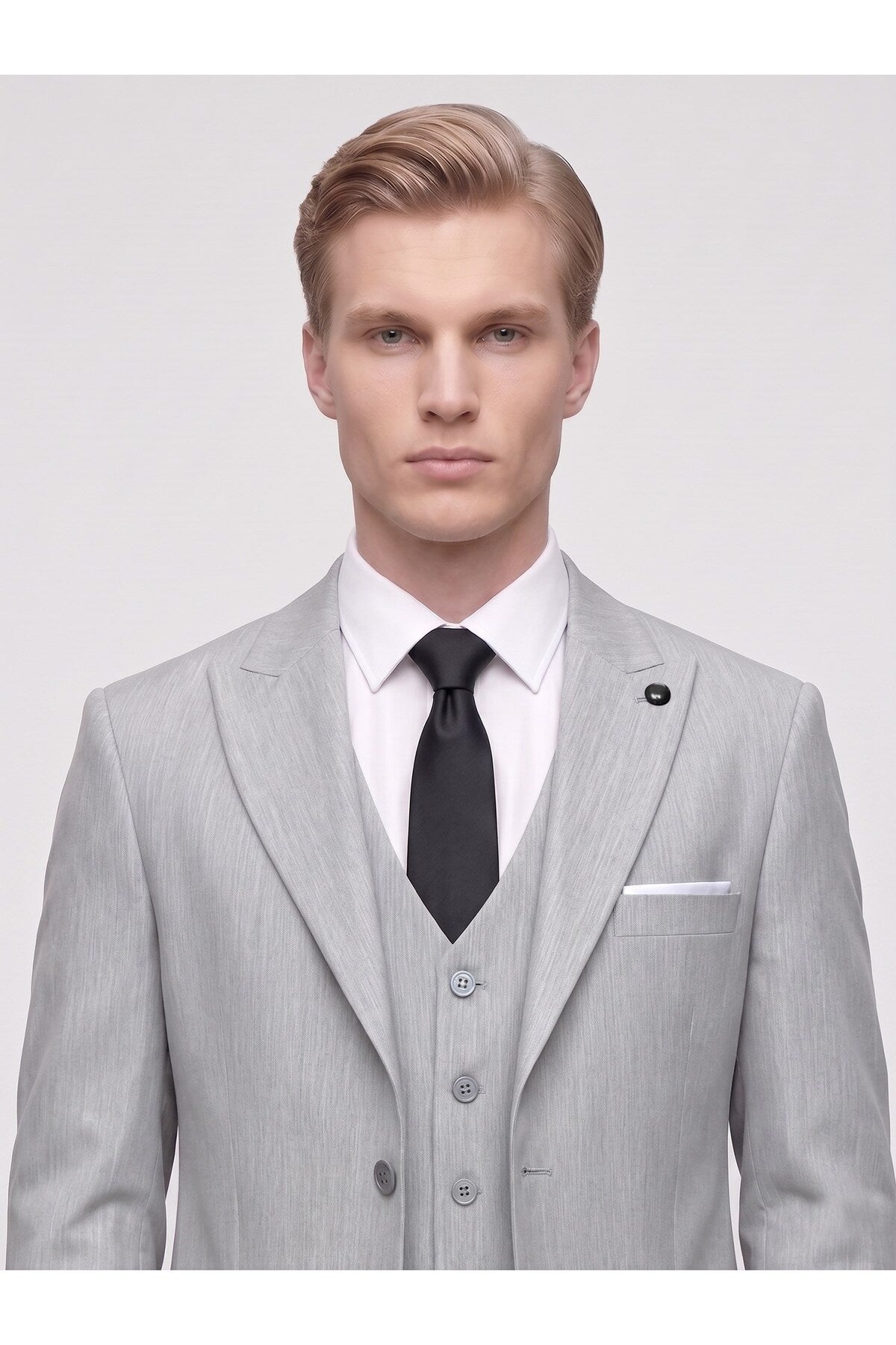 Erkek 3 Parça Slim Fit Çift Yırtmaçlı Takım Elbise Yelekli Şık Klasik Takım 6 Drop - Gri