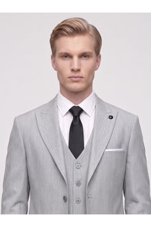 Erkek 3 Parça Slim Fit Çift Yırtmaçlı Takım Elbise Yelekli Şık Klasik Takım 6 Drop - Gri