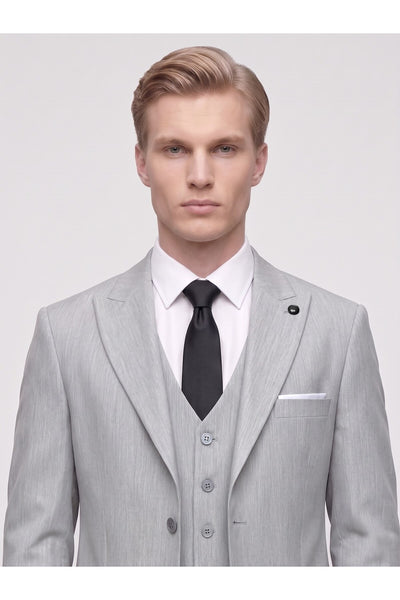 Erkek 3 Parça Slim Fit Çift Yırtmaçlı Takım Elbise Yelekli Şık Klasik Takım 6 Drop - Gri
