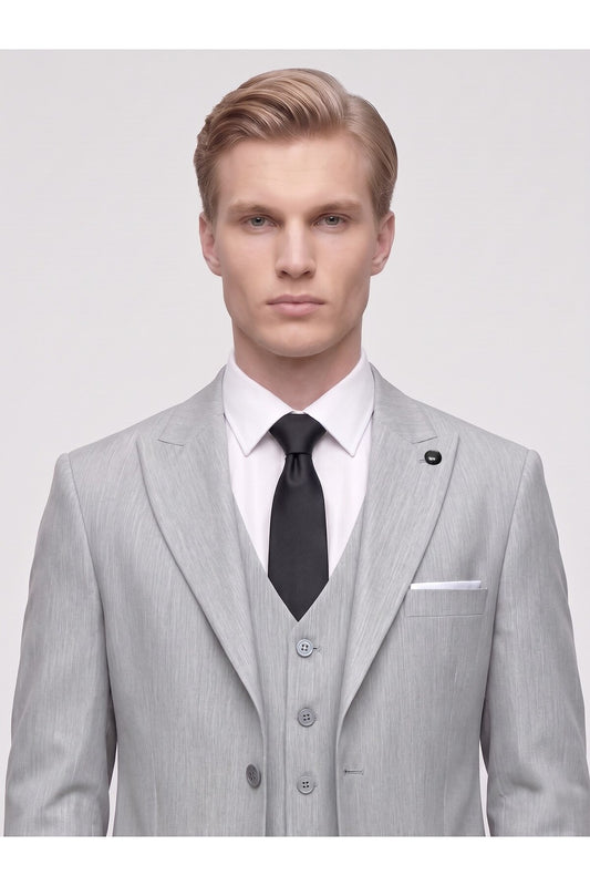 Erkek 3 Parça Slim Fit Çift Yırtmaçlı Takım Elbise Yelekli Şık Klasik Takım 6 Drop - Gri