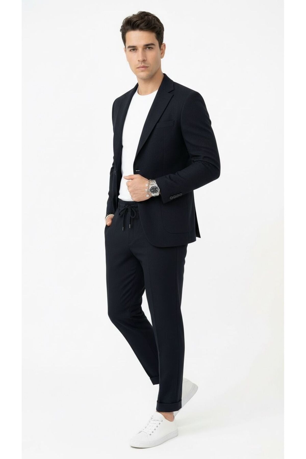 Pike Kumaş Jogger Pantolonlu Erkek Takım Elbise – Torba Cepli Tek Düğme Slim Fit Kombin - Siyah