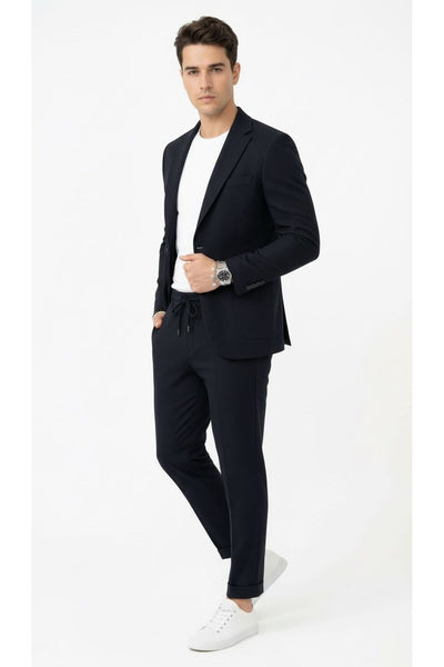 Pike Kumaş Jogger Pantolonlu Erkek Takım Elbise – Torba Cepli Tek Düğme Slim Fit Kombin - Siyah