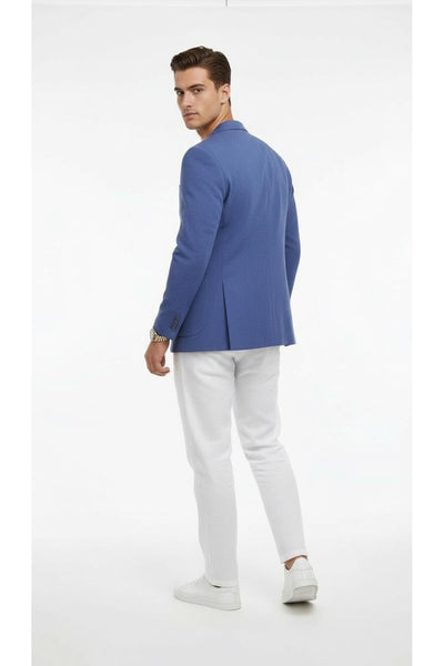 Erkek Slim Fit Blazer Ceket Tek Düğmeli Çift Yırtmaçlı Torba Cepli Yarım Astarlı - Mavi