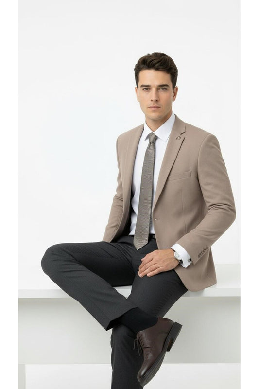 Erkek Slim Fit Tek Düğmeli Blazer Ceket – Vizon Renk, Şık ve Modern Kesim - Bej