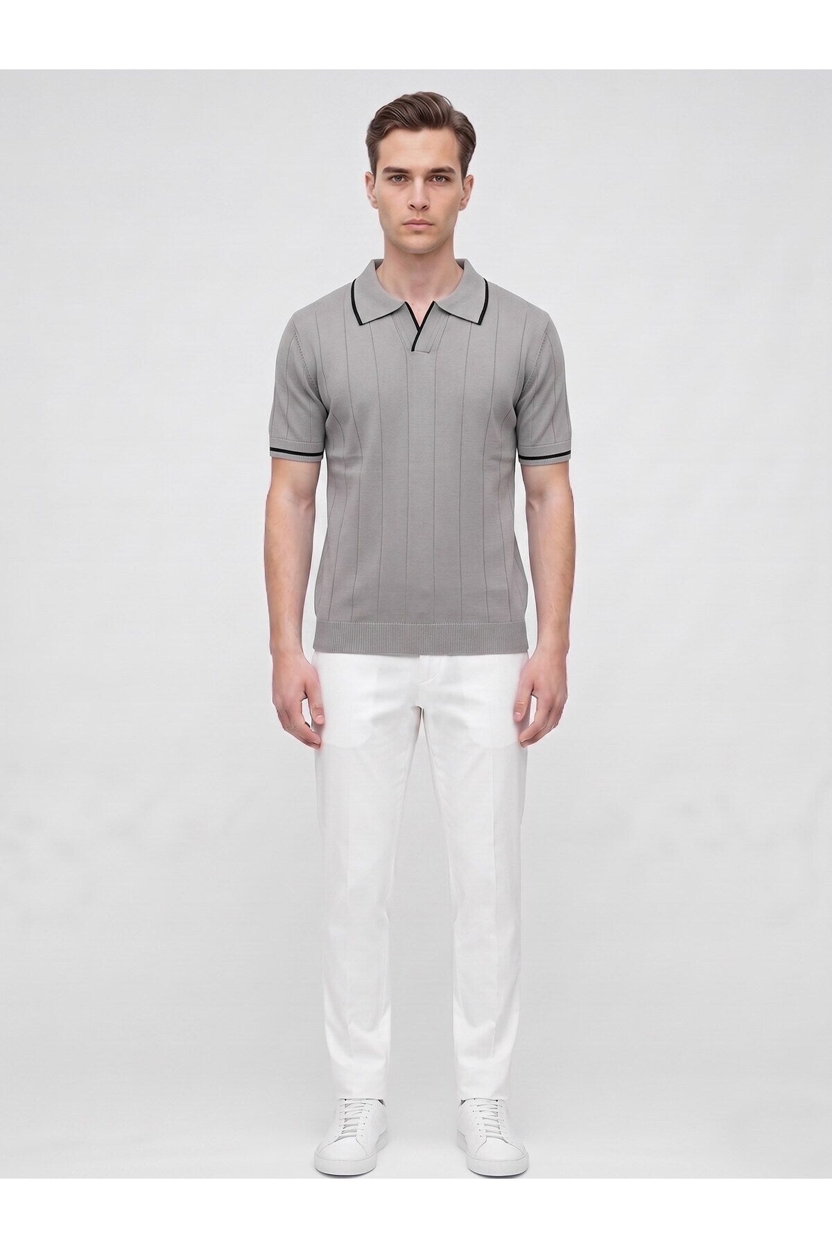 Erkek Polo Yaka Triko Kısa Kollu T-Shirt - Gri