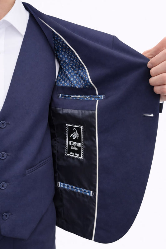 Erkek 3 Parça Slim Fit Takım Elbise –Klasik Likralı Kumaş, Tek Düğme, Çift Yırtmaçlı Modern Kesim ( - Lacivert