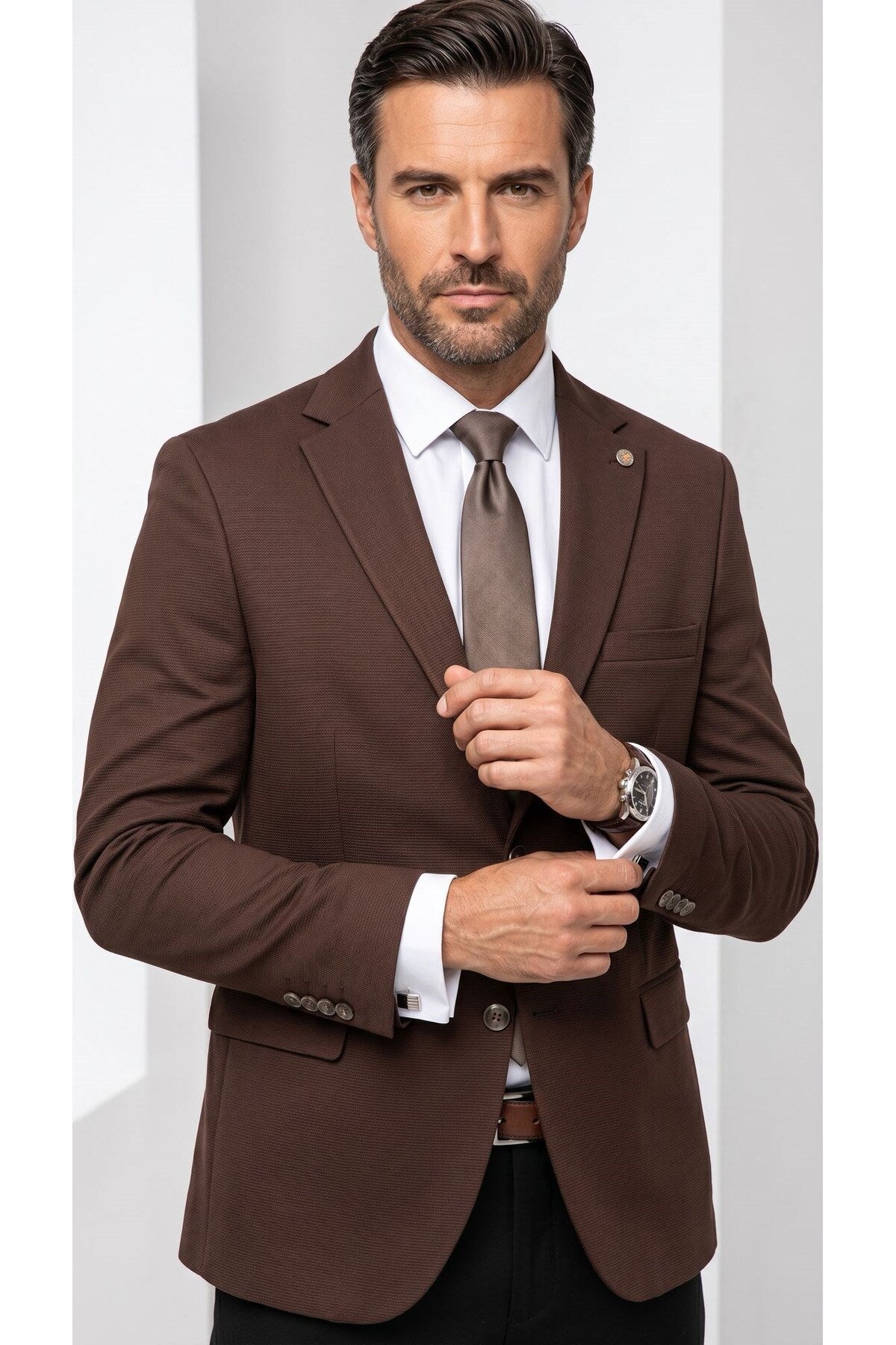 Erkek Slim Fit Çift Düğme Çift Yırtmaçlı Blazer Ceket – Premium Dokulu Kumaş - Kahverengi