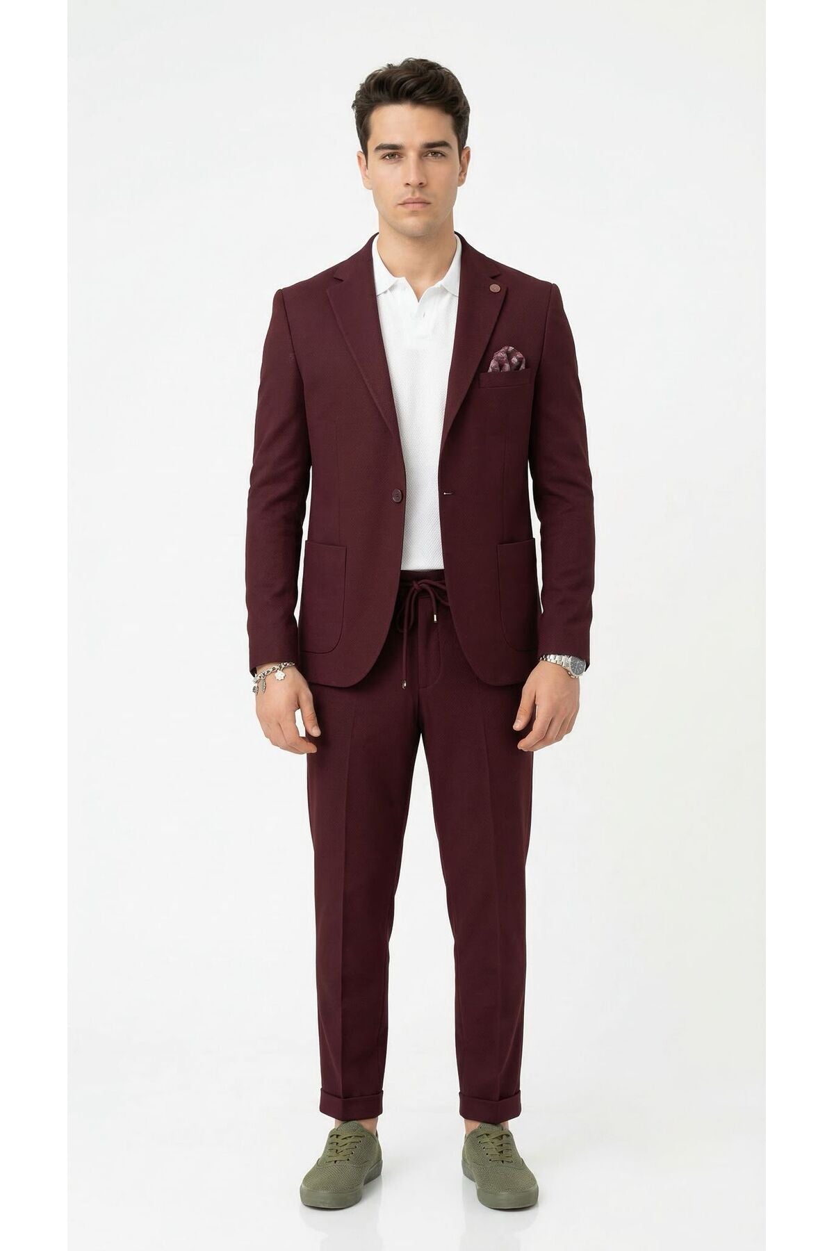 Pike Kumaş Jogger Pantolonlu Erkek Takım Elbise – Torba Cepli Tek Düğme Slim Fit Kombin - Bordo