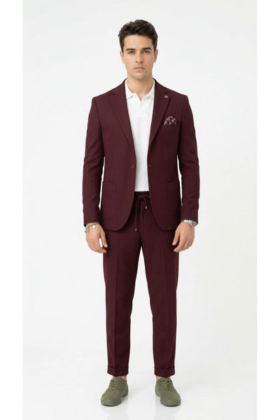 Pike Kumaş Jogger Pantolonlu Erkek Takım Elbise – Torba Cepli Tek Düğme Slim Fit Kombin - Bordo