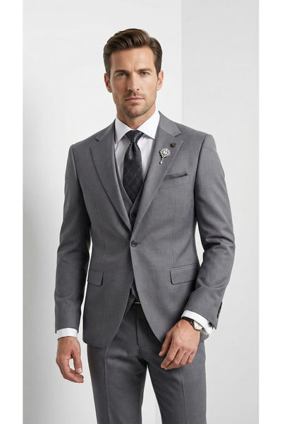 Erkek Klasik Slim Fit Takım Elbise – Notch Yaka, Yaka Punto Dikişli, Tek Düğmeli, Çift Yırtmaçlı - Gri