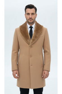 Erkek Uzun Kaşe Kaban – Çıkartılabilir Kürk Yaka, Astarlı ve Cepli Slim Fit Mont (Bej, - Bej