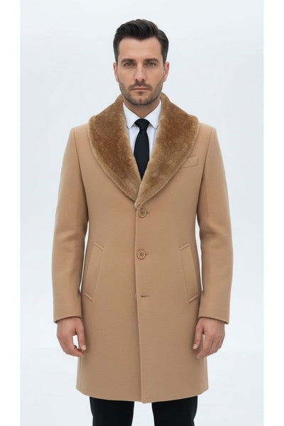 Erkek Uzun Kaşe Kaban – Çıkartılabilir Kürk Yaka, Astarlı ve Cepli Slim Fit Mont (Bej, - Bej