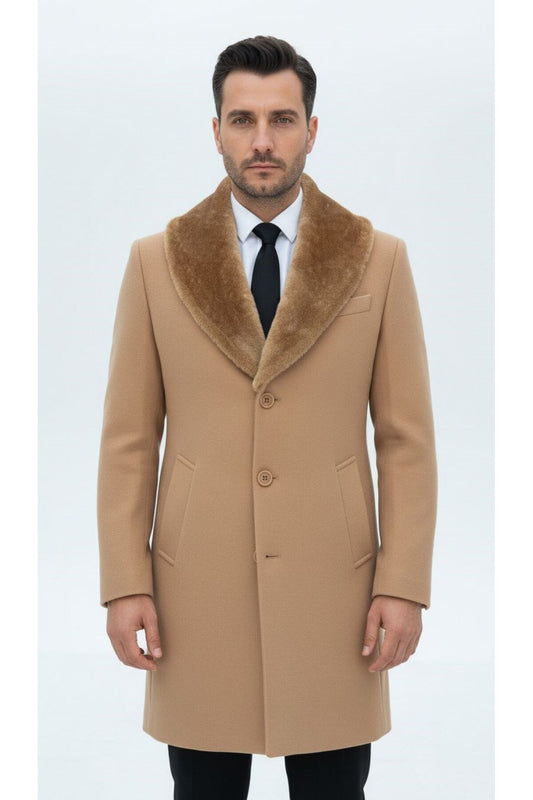 Erkek Uzun Kaşe Kaban – Çıkartılabilir Kürk Yaka, Astarlı ve Cepli Slim Fit Mont (Bej, - Bej