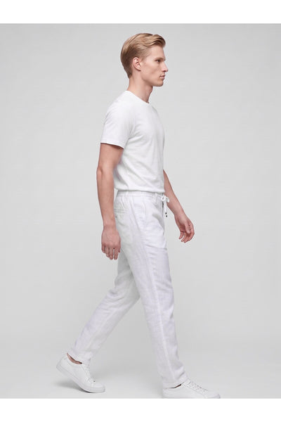 Erkek Keten Pantolon – Bağcıklı Bel, Slim Fit Rahat Kesim Yazlık Pantolon - Beyaz