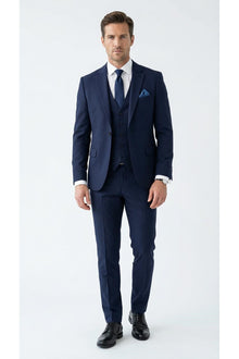 Erkek 3 Parça Slim Fit Takım Elbise –Klasik Likralı Kumaş, Tek Düğme, Çift Yırtmaçlı Modern Kesim ( - Lacivert