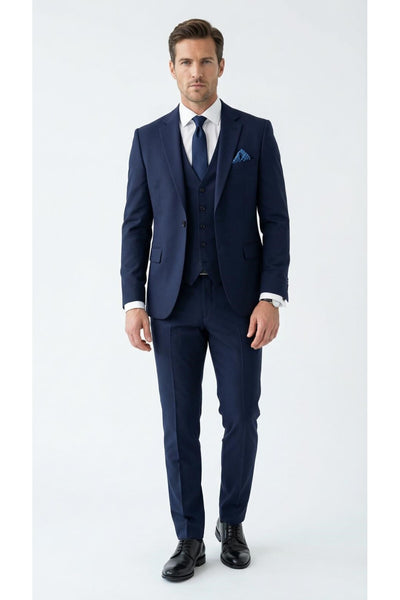 Erkek 3 Parça Slim Fit Takım Elbise –Klasik Likralı Kumaş, Tek Düğme, Çift Yırtmaçlı Modern Kesim ( - Lacivert