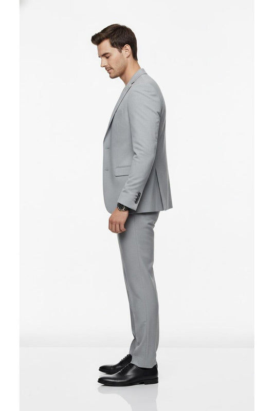 Erkek Slim Fit Mikro Desenli Takım Elbise 2 Düğmeli Çift Yırtmaçlı Modern Ceket Pantolon Takım - Gri