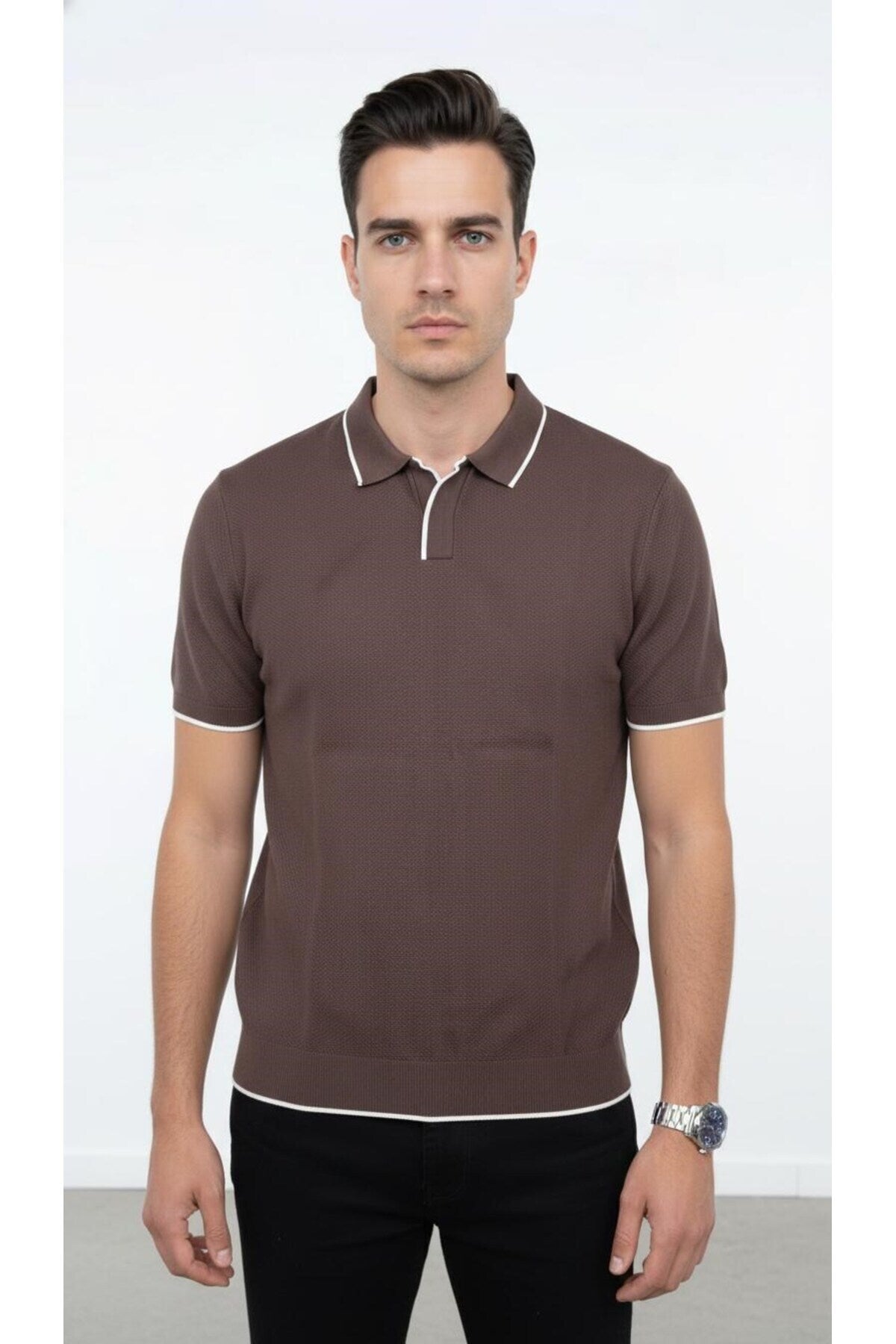 Erkek Pike Dokulu Triko Polo Yaka Tişört Slim Fit Şerit Detaylı Yazlık Model - Kahverengi