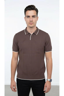 Erkek Pike Dokulu Triko Polo Yaka Tişört Slim Fit Şerit Detaylı Yazlık Model - Kahverengi
